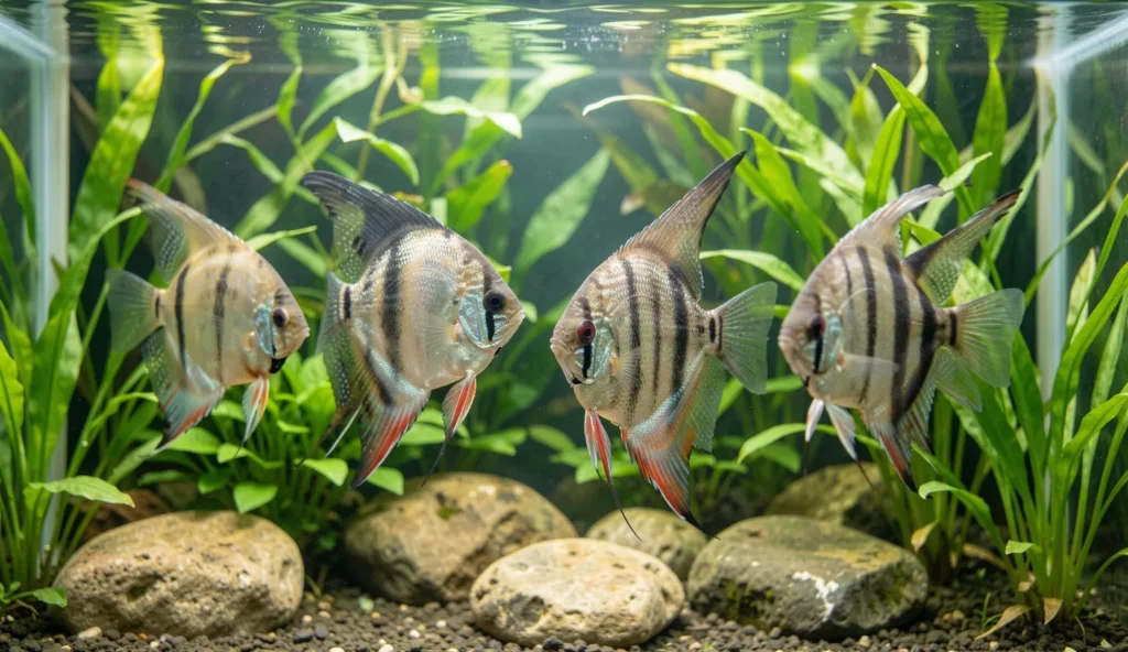 Adult freshwater angelfish swimming in a planted tropical aquarium with rocks and tall plants in the background.