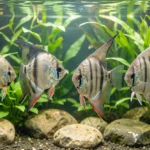 Adult freshwater angelfish swimming in a planted tropical aquarium with rocks and tall plants in the background.