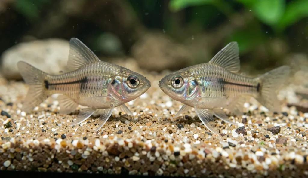 Annual killifish pair near a spawning substrate inside a home aquarium breeder tank.