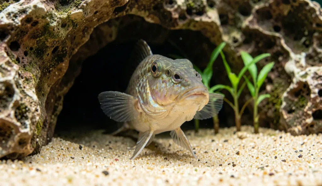 Adult Apistogramma cacatuoides near a cave entrance on fine sand in a planted aquarium