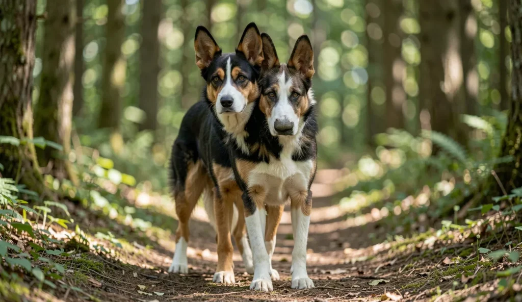 Tri-color Appenzeller Sennenhund standing on a forest hiking trail with ears perked and alert posture in natural daylight
