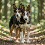 Appenzeller Sennenhund – Temperament, Tri Color Traits & Complete Care Guide Tri-color Appenzeller Sennenhund standing on a forest hiking trail with ears perked and alert posture in natural daylight