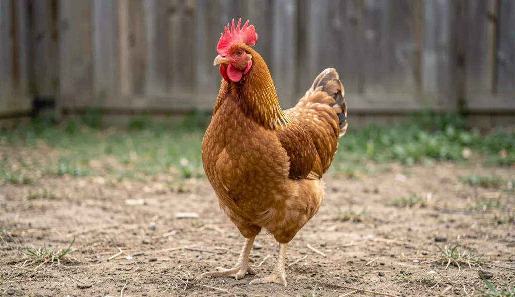Adult Appenzeller Spitzhauben chicken standing outdoors with its V-shaped comb and crest feathers clearly visible