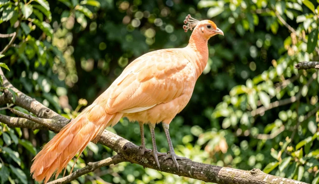 Apricot peafowl perched on a branch in a sunlit garden showing pastel orange plumage