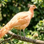 Apricot Peafowl – Peachy Orange Hue & Complete Breed Guide Apricot peafowl perched on a branch in a sunlit garden showing pastel orange plumage