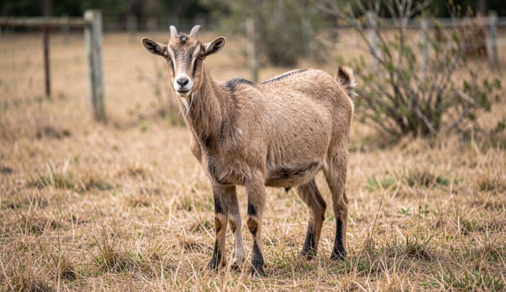 Aradi goat standing on dry pasture grass with natural daylight in a rural farm setting.