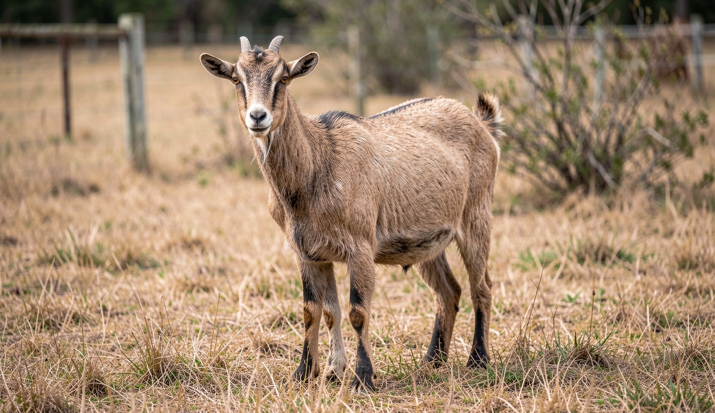 Aradi goat standing on dry pasture grass with natural daylight in a rural farm setting.