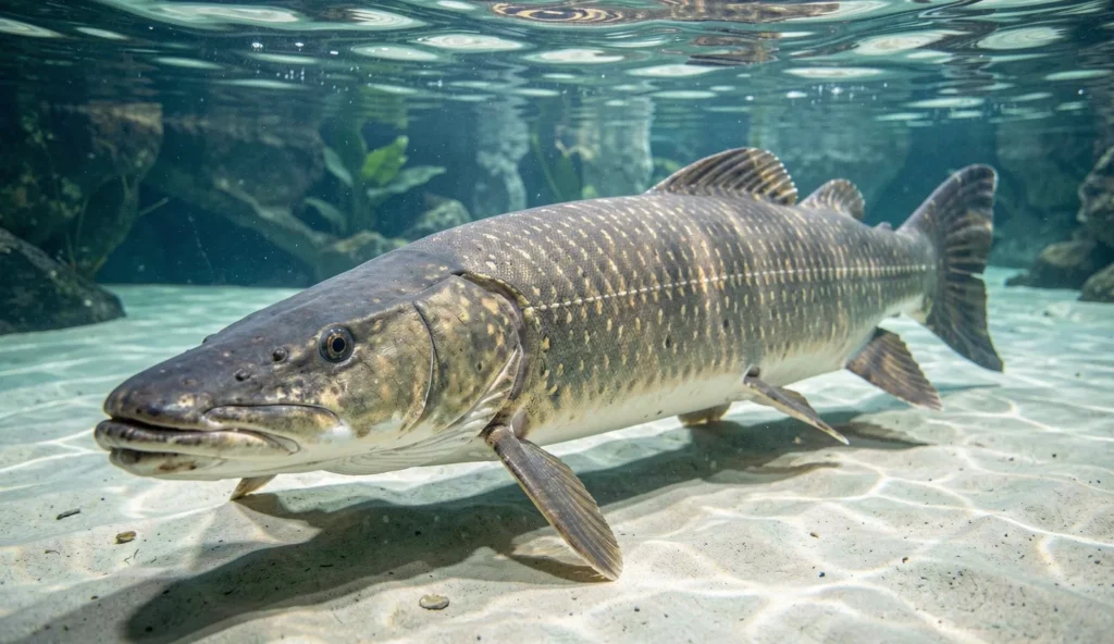 A large arapaima fish near the water surface in a spacious public aquarium tank under natural aquarium lighting.
