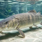 A large arapaima fish near the water surface in a spacious public aquarium tank under natural aquarium lighting.