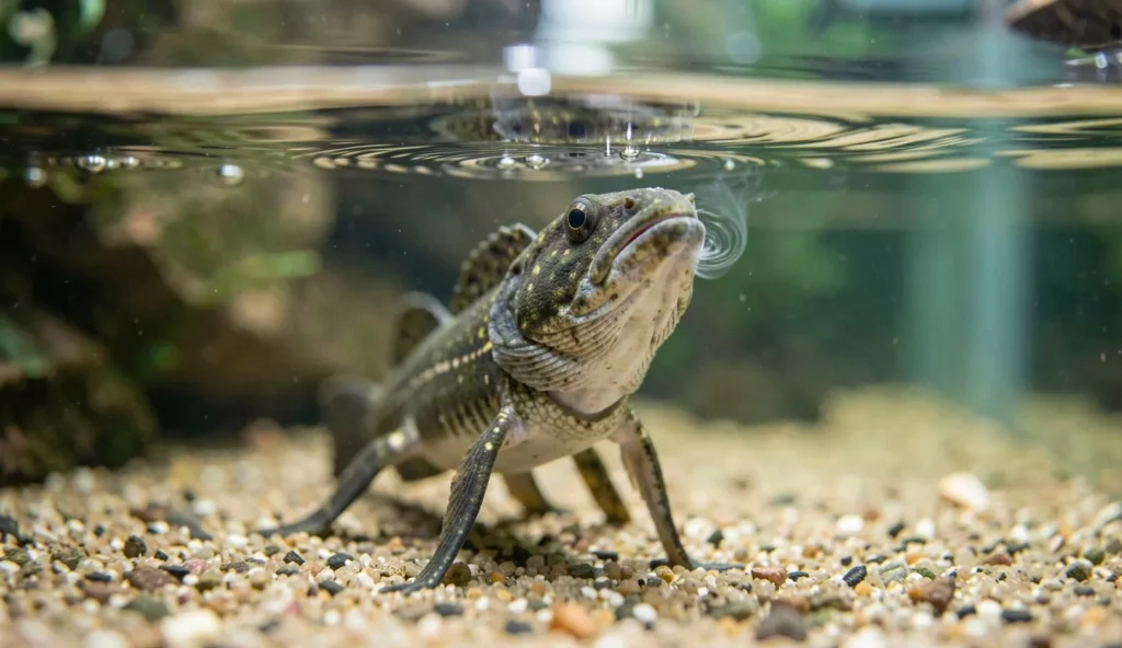 Archer fish near the water surface in a home aquarium, angled upward as it prepares to shoot a jet toward prey above the water line.