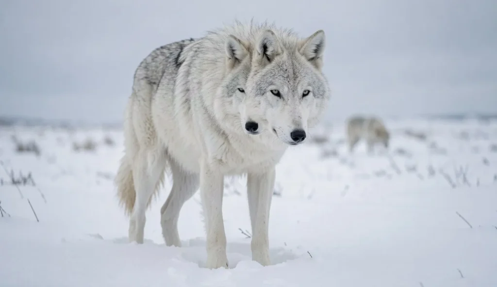 An arctic wolf with a thick white coat standing on snowy tundra with other wolves in the distance.