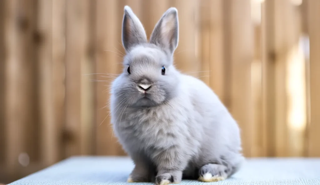 Close-up portrait of an Argente Crème Rabbit with cream fur and silver-tipped guard hairs in a show pen