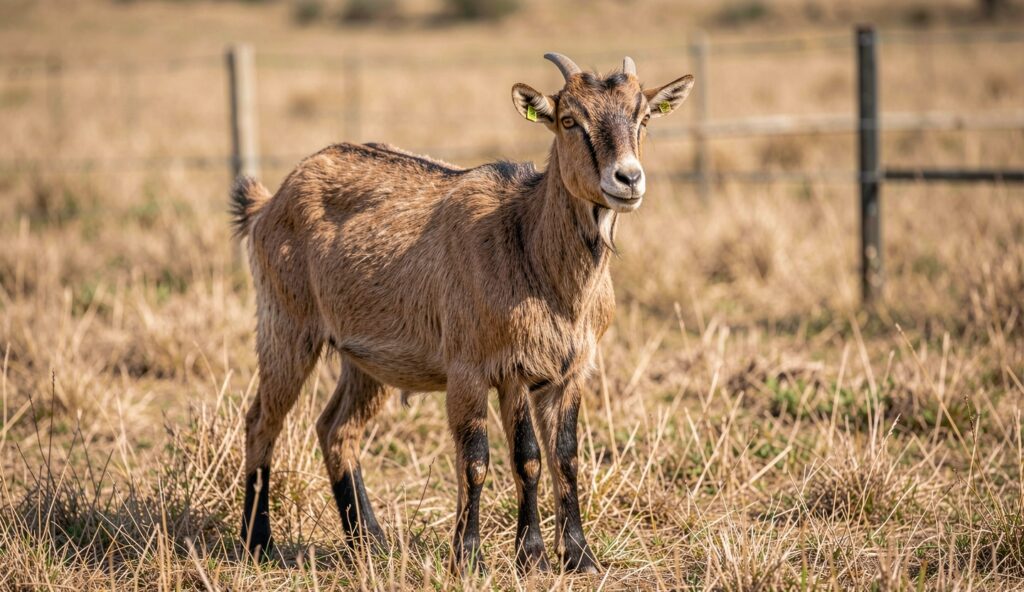 An Arsi goat standing calmly on dry pasture grass in a rural farm setting.