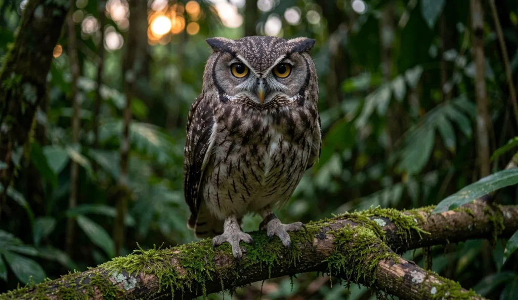 Close up of an Ashy Faced Owl perched on a branch in a Caribbean forest at dusk