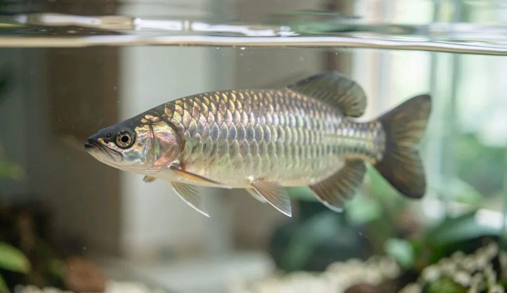 An adult Asian arowana swimming near the surface in a clean aquarium under natural room light
