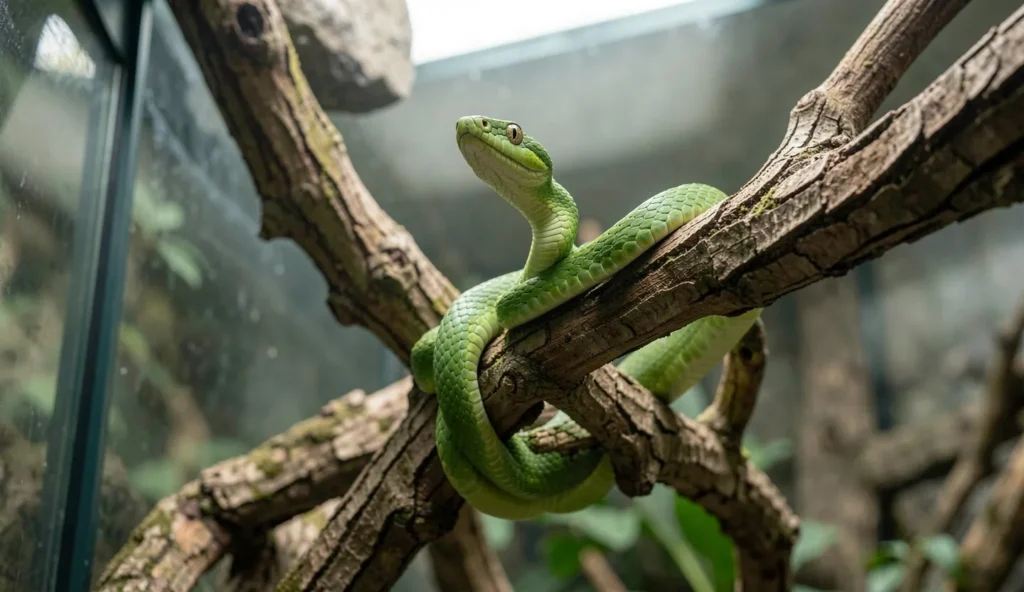 An Asian vine snake coiled on a branch inside a tall arboreal terrarium, with its head raised and scales clearly visible.