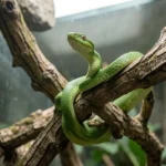 Asian Vine Snake – Arboreal Care, Housing, Diet, Temperament & Complete Guide An Asian vine snake coiled on a branch inside a tall arboreal terrarium, with its head raised and scales clearly visible.