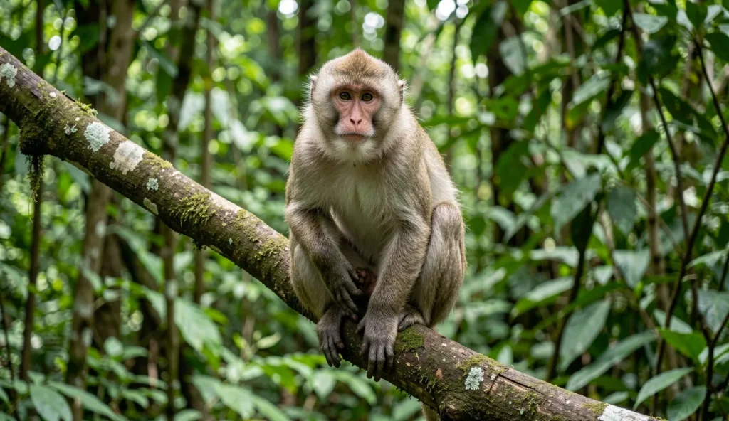 Adult Assam macaque perched on a branch in a forest in Northeast India
