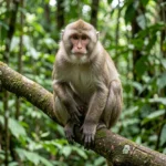 Assam Macaque – Species Profile, Habitat & Complete Care Guide Adult Assam macaque perched on a branch in a forest in Northeast India
