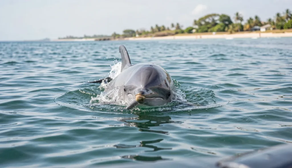 An Atlantic humpback dolphin surfaces in calm coastal water off the West African coast with shoreline visible in the distance.