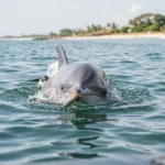 An Atlantic humpback dolphin surfaces in calm coastal water off the West African coast with shoreline visible in the distance.