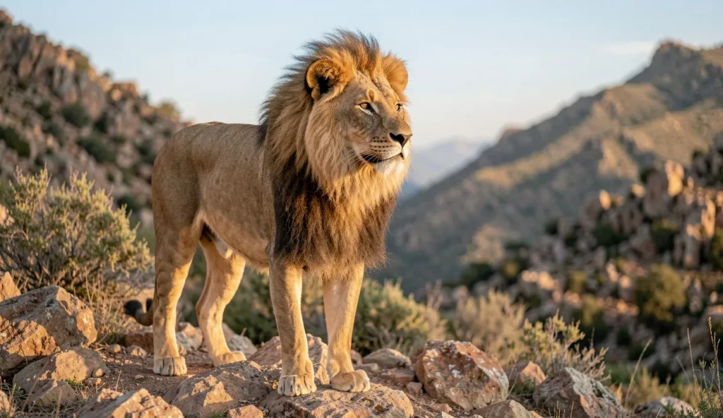 A male lion standing on a rocky mountainside at dawn with natural scrub and stone slopes in the background.