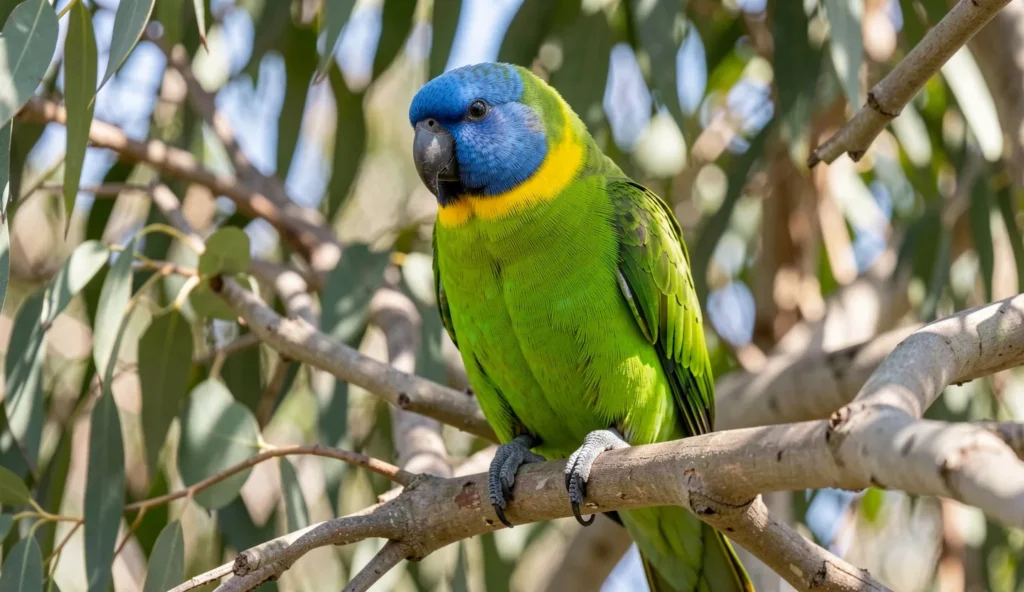Australian Ringneck Parrot perched on a eucalyptus branch in natural habitat