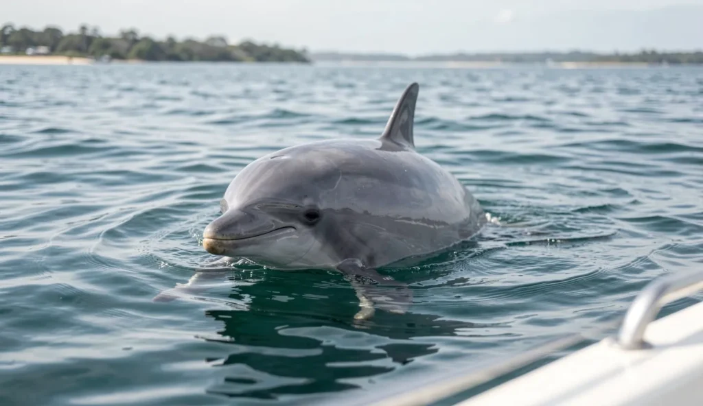 Australian snubfin dolphin surfacing in northern Australian coastal waters with its small dorsal fin and short snout visible