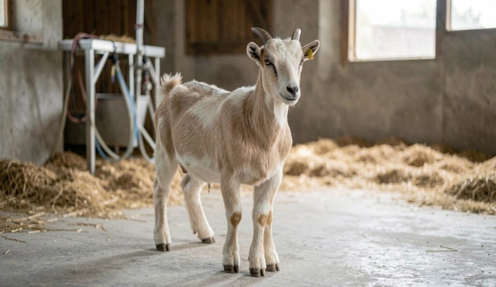An Austrian dairy goat standing calmly in a clean barn milking area with dry bedding and natural lighting.