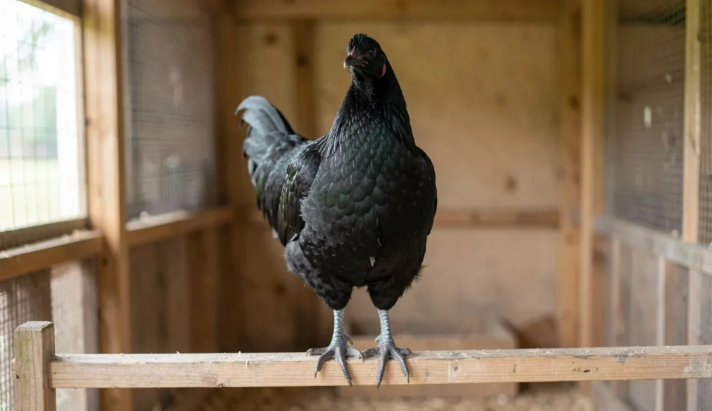 An Ayam Cemani chicken perched inside a clean coop with dark feathers and head turned toward the camera.