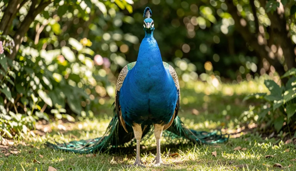 Male Azure Peafowl displaying bright sky blue feathers in a garden setting.