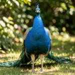 Azure Peafowl – Bright Sky Blue Color Traits & Complete Breed Guide Male Azure Peafowl displaying bright sky blue feathers in a garden setting.
