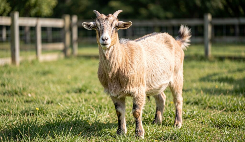 Bagot goat standing on green pasture facing the camera with relaxed posture.