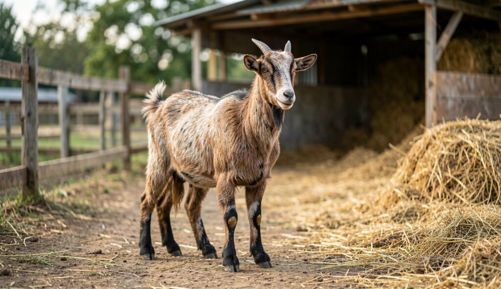 Baladi goat standing calmly on a farm path with natural lighting and farm shelter in the background.