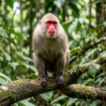 Bald Uakari perched on a branch in the Amazon rainforest showing its bright red face.