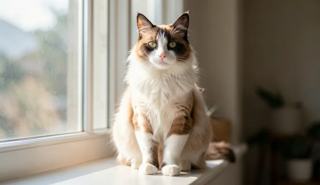 Balinese cat sitting on a window ledge with an alert posture in natural daylight
