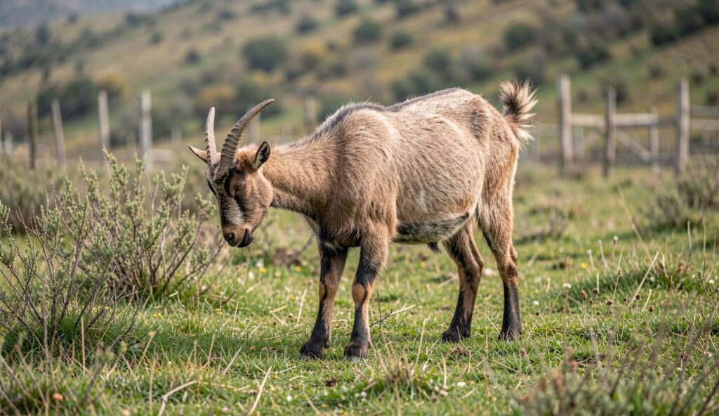 A Balkan goat browsing on grass in a rural pasture with hills and fencing in the background.