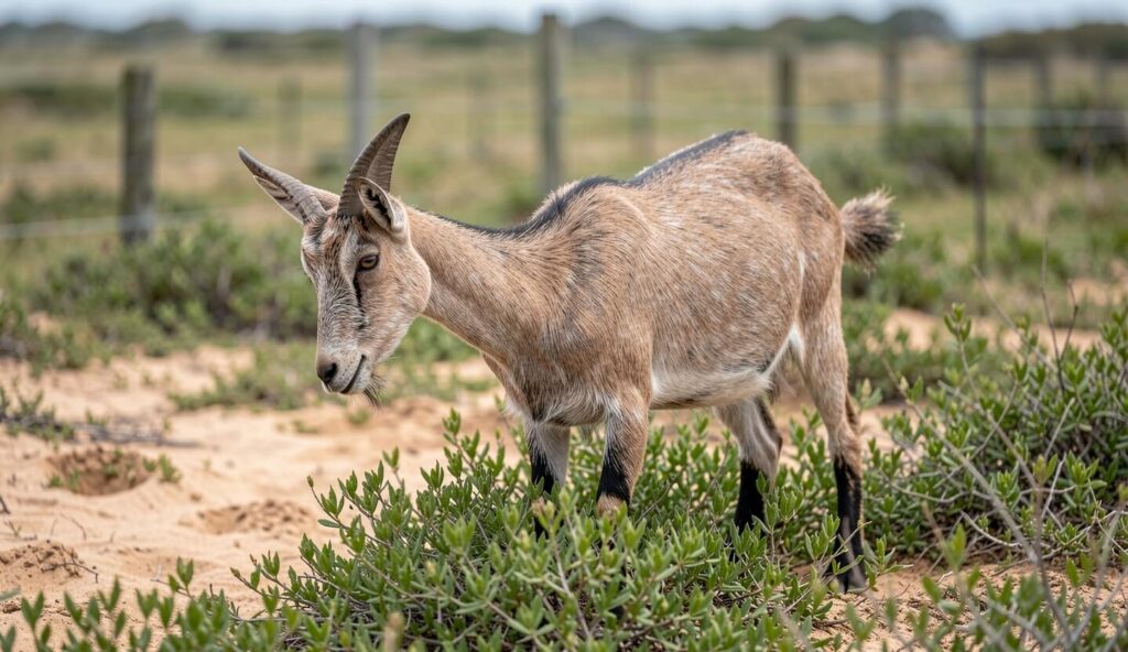 A Banker goat standing and browsing on low shrubs in a fenced pasture.