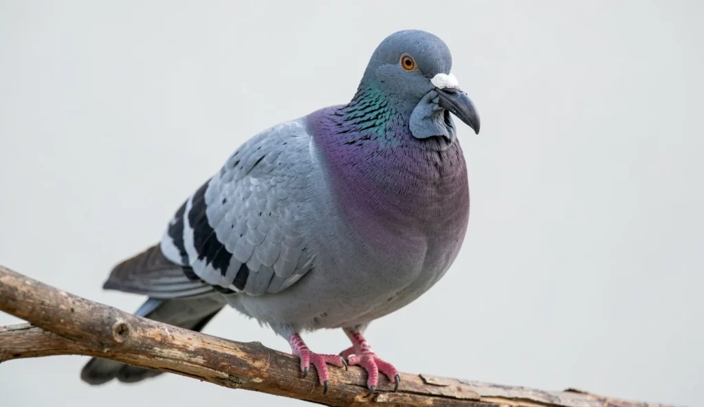 Close-up of a Barb pigeon perched on a wooden branch, displaying its distinctive large beak and facial features.