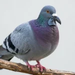 Close-up of a Barb pigeon perched on a wooden branch, displaying its distinctive large beak and facial features.