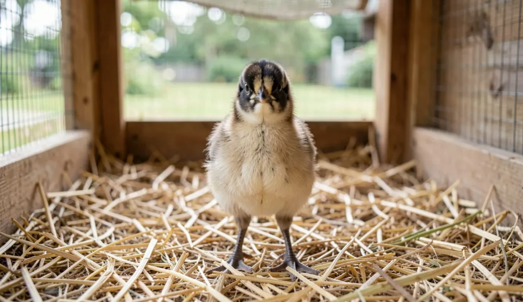 A Barbu d'Anvers bantam standing on straw bedding inside a backyard coop in natural daylight.