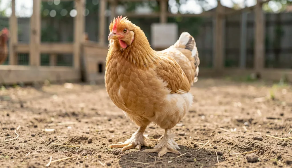 Millie Fleur Barbu d'Uccle bantam chicken standing outdoors with visible bearded face and feathered booted legs