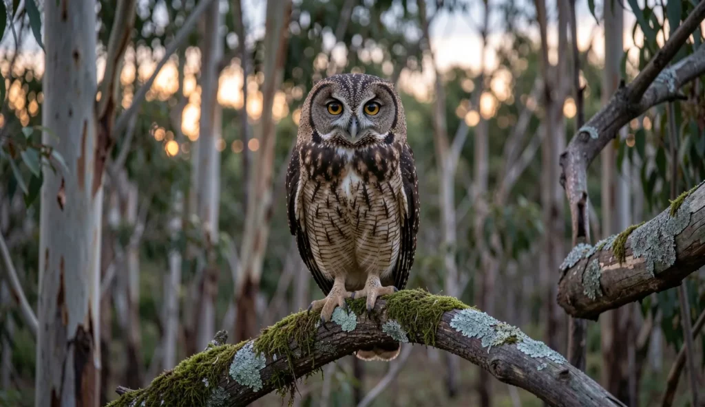 Barking Owl perched in the Australian bush during dusk