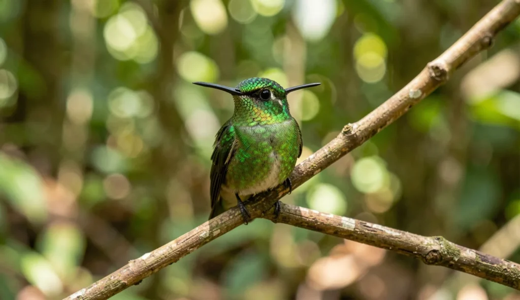 Bee Hummingbird perched on a branch in a Cuban forest