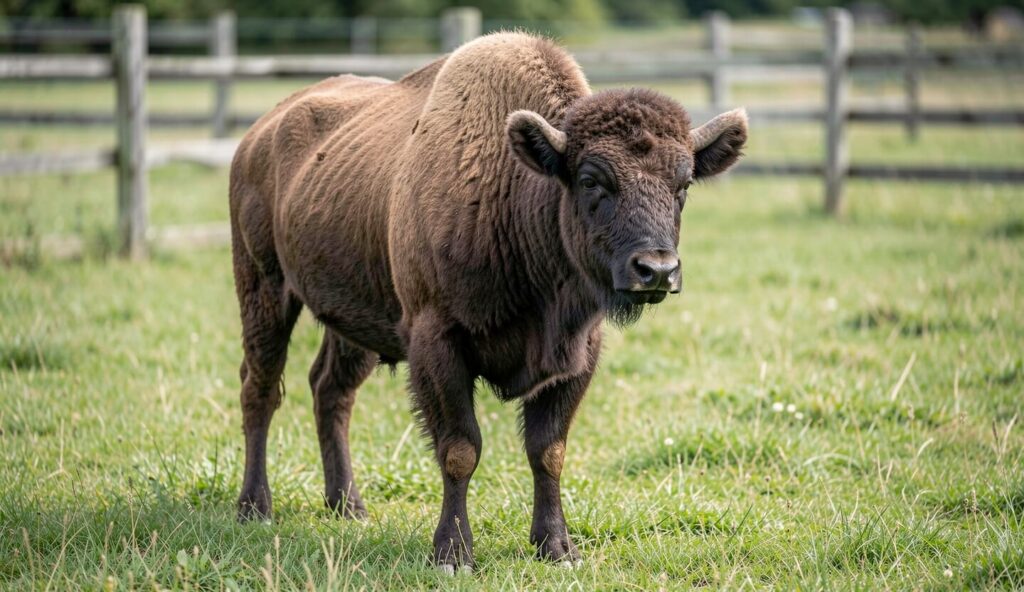 A Beefalo grazing in a pasture with a wooden fence behind it, showing its bison hump and cattle features.