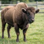 A Beefalo grazing in a pasture with a wooden fence behind it, showing its bison hump and cattle features.