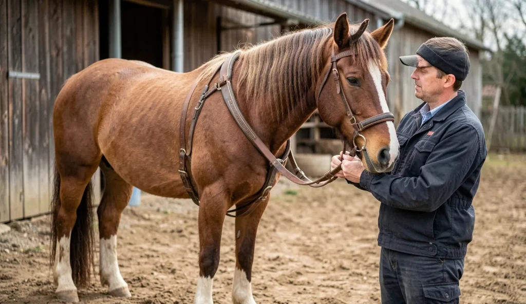 Belgian draft horse standing calmly on farm ground with harness being adjusted near a barn