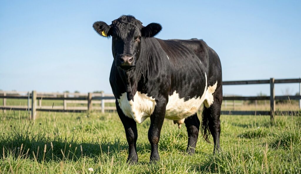 A Belted Galloway cow with a distinctive white belt standing in a green pasture