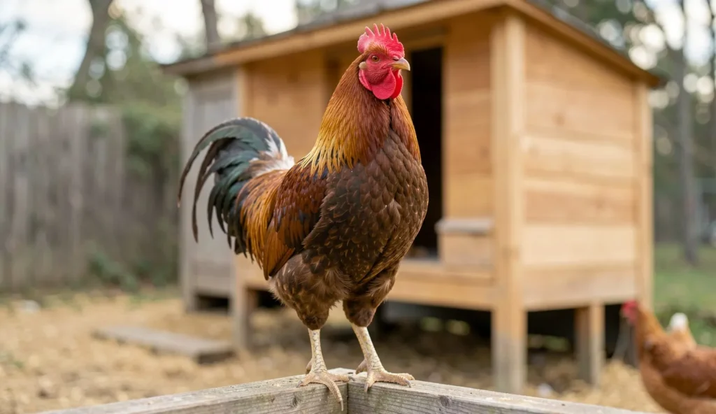 Adult Bergische Kraher rooster standing on a wooden perch in a morning coop yard with its head raised as if crowing