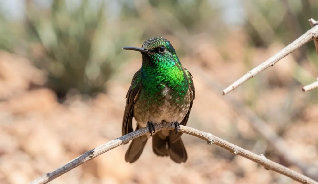 Close up of a Berylline Hummingbird perched on a branch in a sunlit desert garden